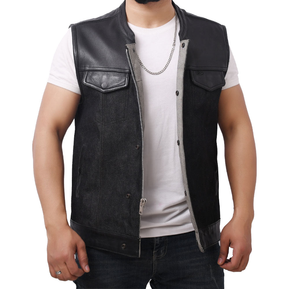 GAIUS - Motorcycle Denim/Leather Vest Men's Denim Vest Best Leather Ny   