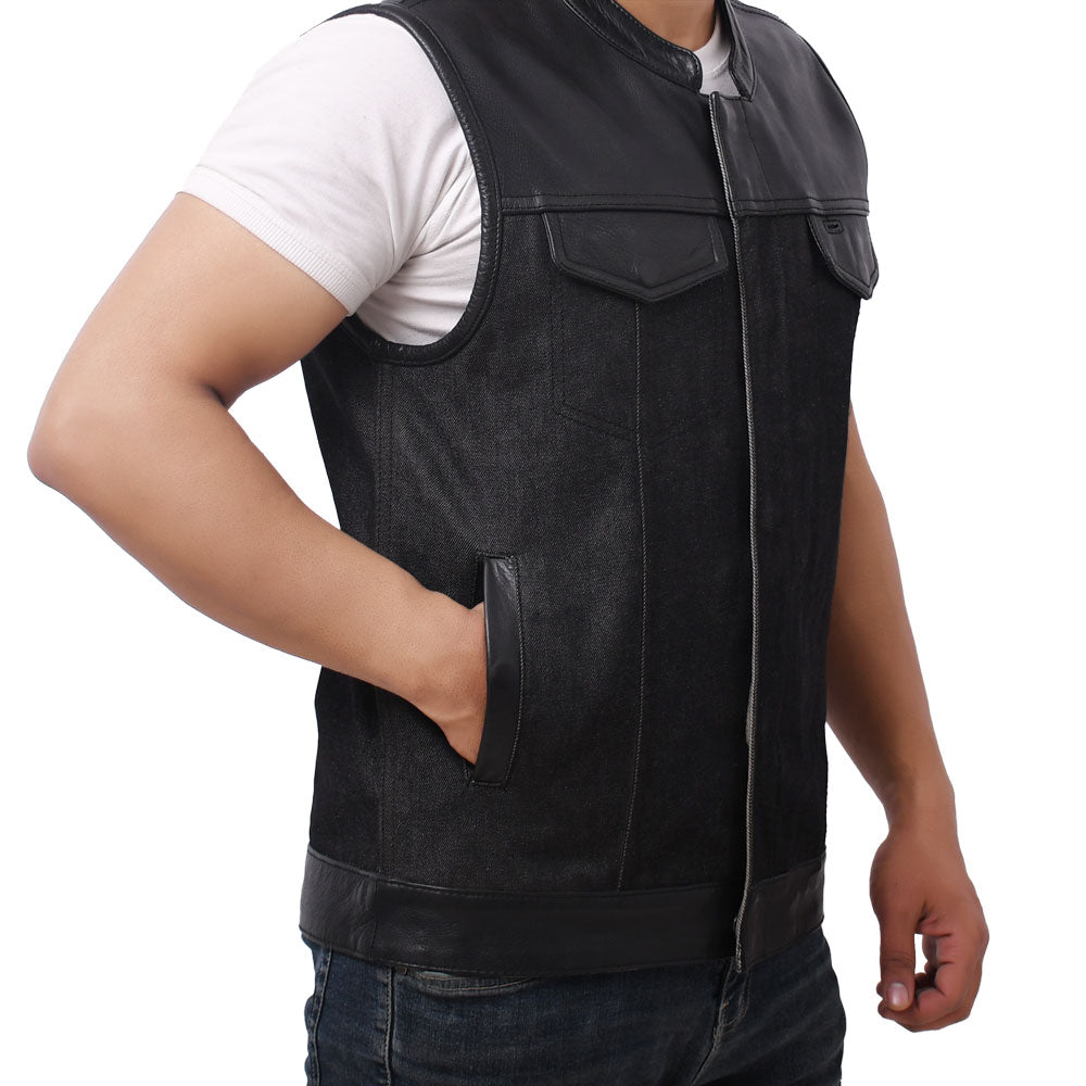 GAIUS - Motorcycle Denim/Leather Vest Men's Denim Vest Best Leather Ny   