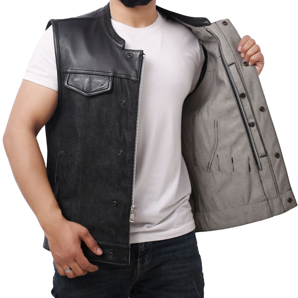 GAIUS - Motorcycle Denim/Leather Vest Men's Denim Vest Best Leather Ny   