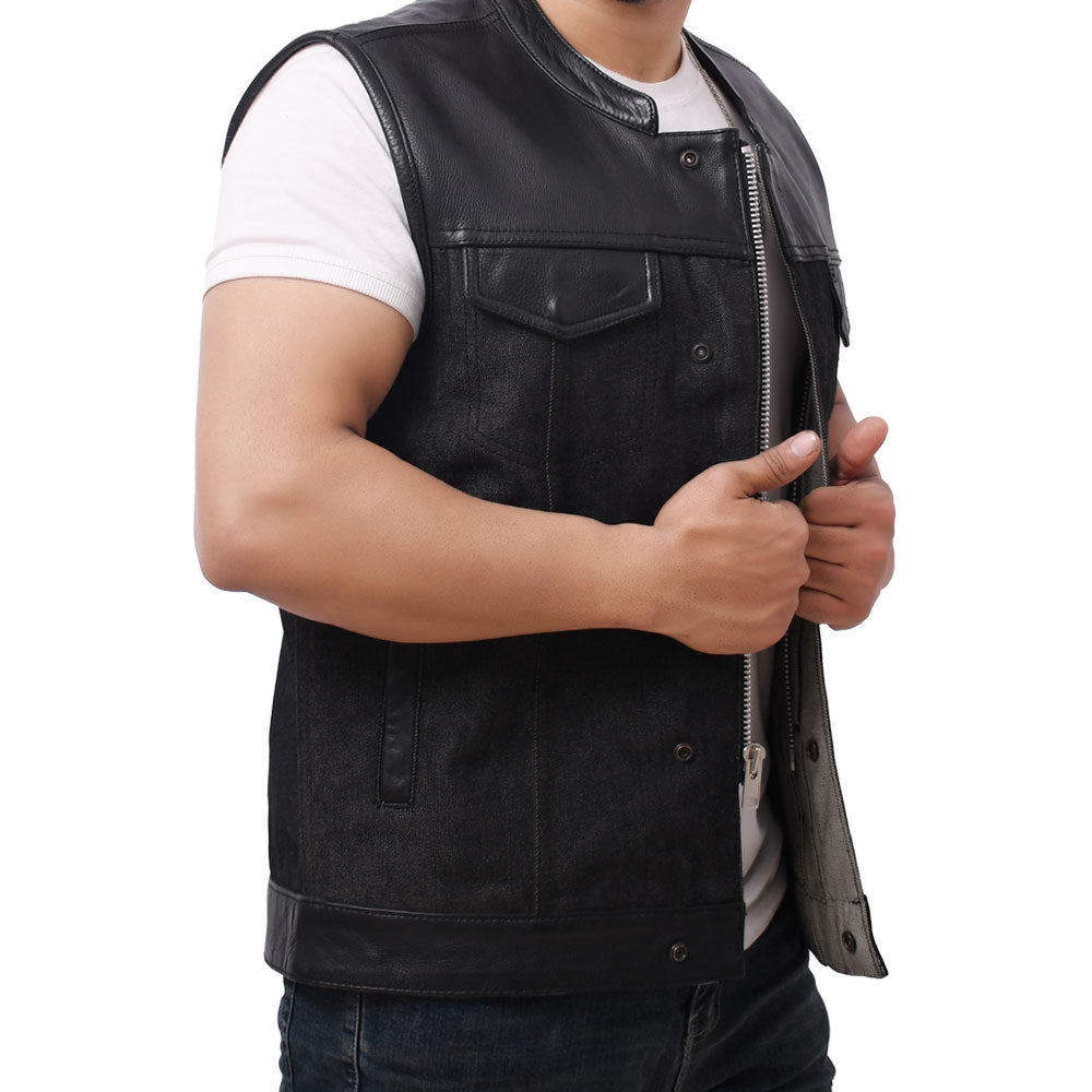 GAIUS - Motorcycle Denim/Leather Vest Men's Denim Vest Best Leather Ny   