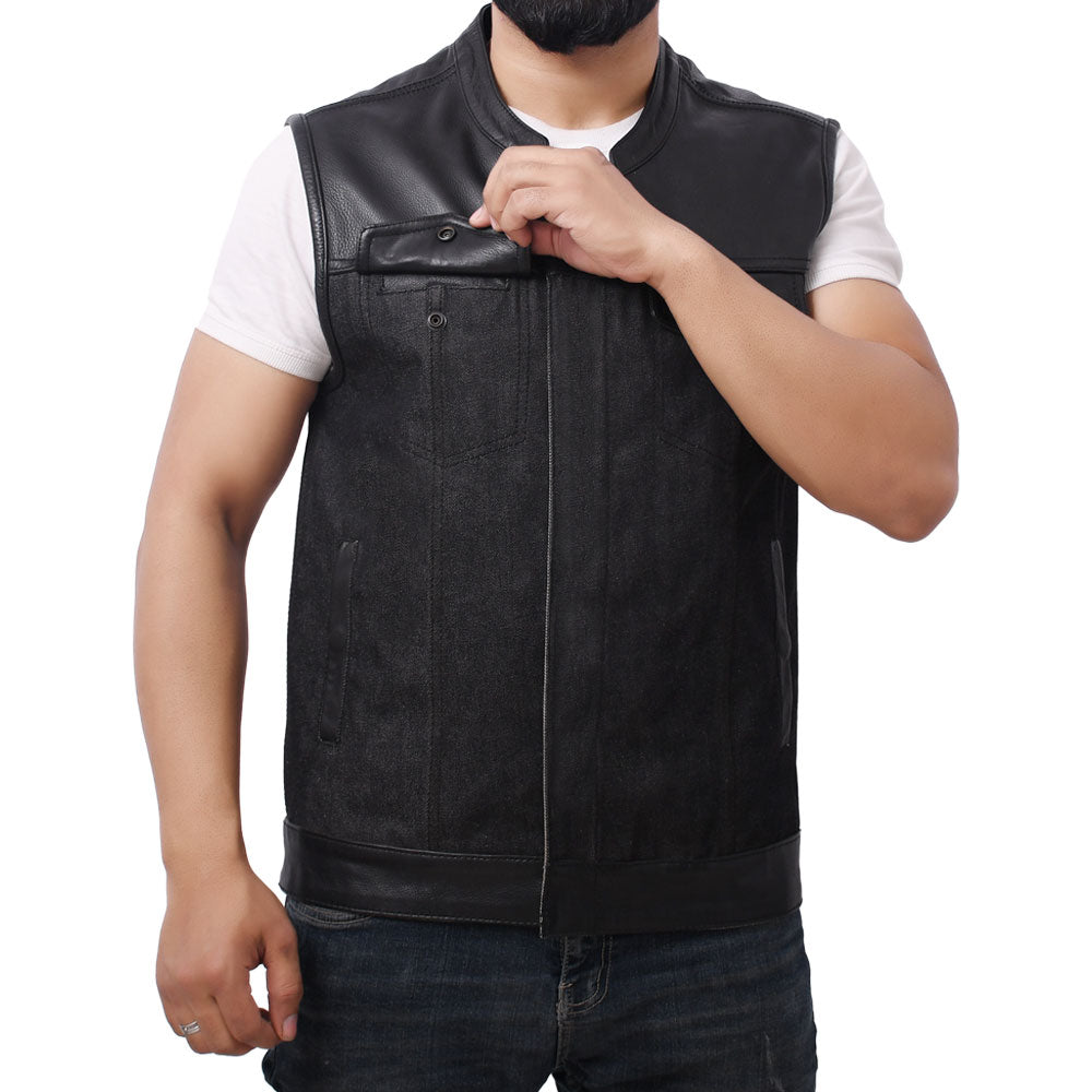 GAIUS - Motorcycle Denim/Leather Vest Men's Denim Vest Best Leather Ny   