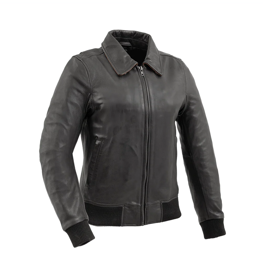 Vixen - Women's Moto Bomber Leather Jacket Women's Bomber Jacket Best Leather NY Company Black Cognac XS 