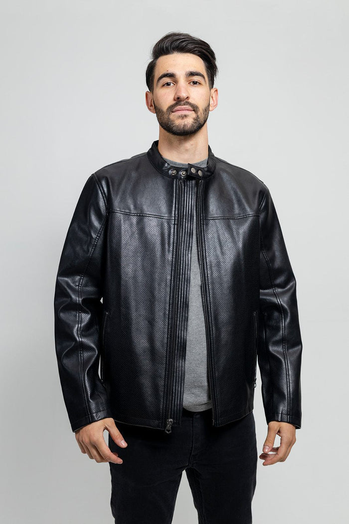 Unbalanced fake shops leather jacket