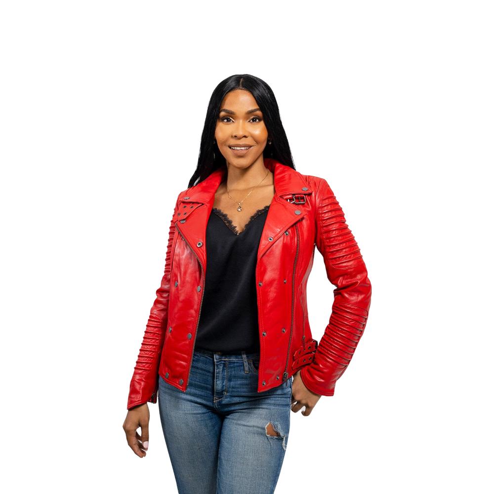 Queens - Women's Fashion Lambskin Leather Jacket (Fire Red) Women's Jacket Best Leather Ny   