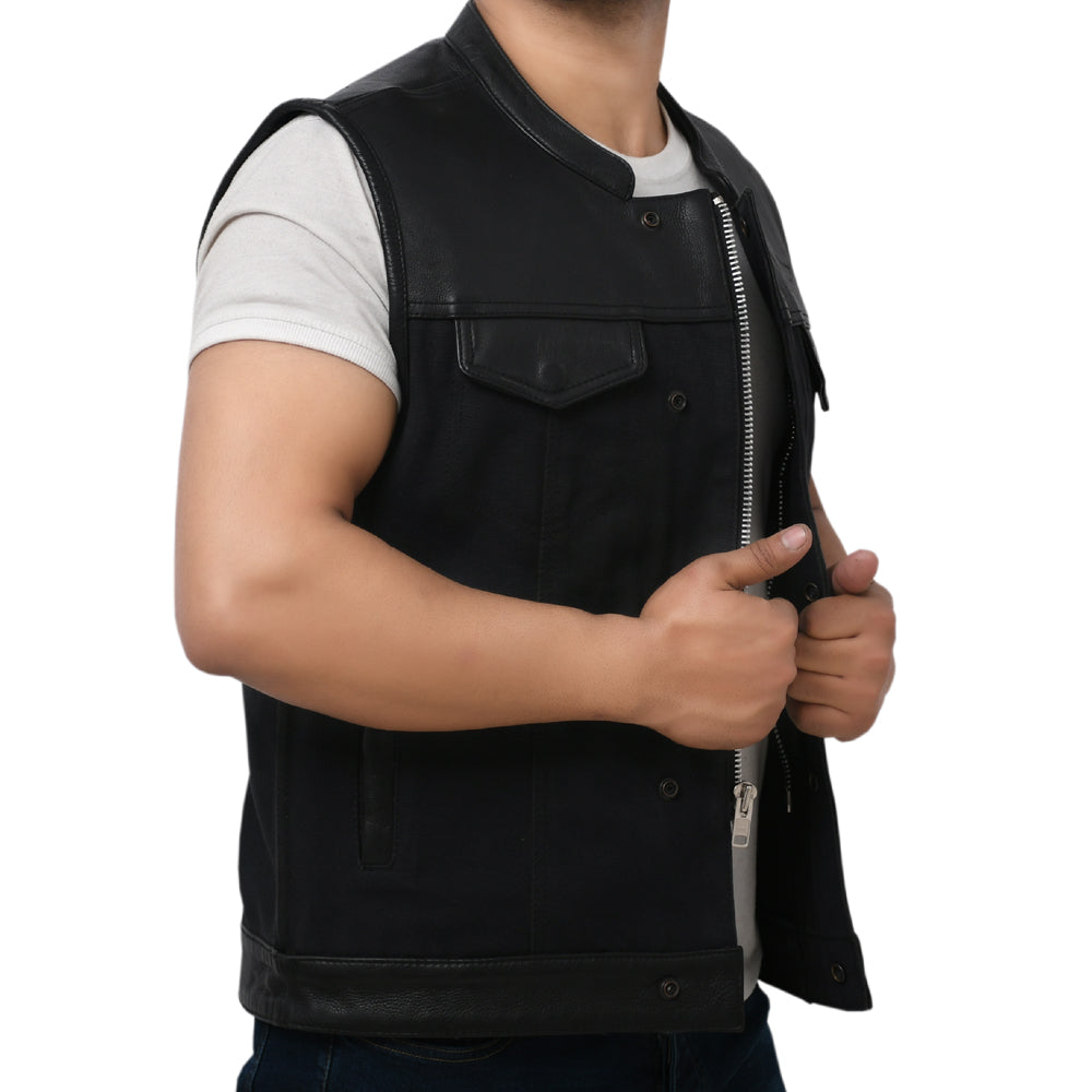 DETOUR - Motorcycle Leather/Canvas Vest Men's Canvas Vests Best Leather Ny   