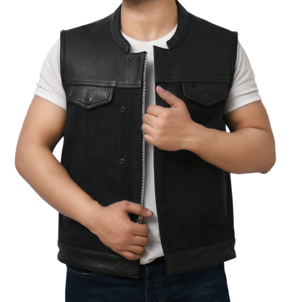 DETOUR - Motorcycle Leather/Canvas Vest Men's Canvas Vests Best Leather Ny   