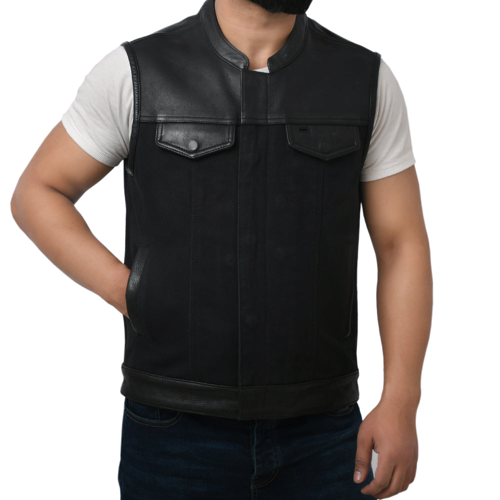 DETOUR - Motorcycle Leather/Canvas Vest Men's Canvas Vests Best Leather Ny   